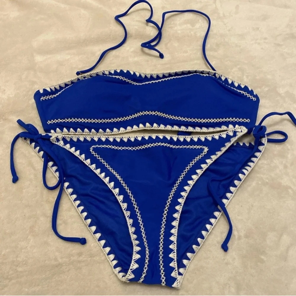 Express Royal Blue and White Embroidered Bikini Set